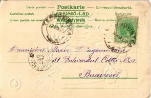 1902 Prosit Neujahr / Dombornyomott újévi üdvözlet pezsgőző társasággal / New Year greeting, embosse...