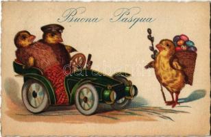 1926 Buona Pasqua / Kellemes Húsvéti Ünnepeket, csirkék autóban / Easter greeting, chicken in automobile. C.C.M. 0043.