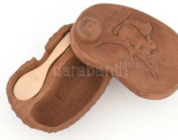 Méztartó, faragott fa, kanállal, új állapot 15x9 cm