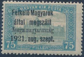 Nyugat-Magyarország I. 1921 Parlament 75f próbanyomat Bodor vizsgálójellel