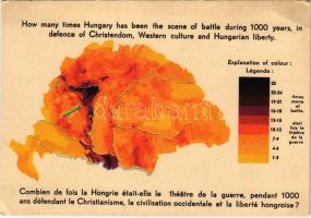 Hányszor volt hadszíntér Magyarország ezer év alatt a kereszténység, a nyugati kultúra és a magyar szabadság védelmében. Tervezte Dr. Dobrovits Sándor. Kiadja a Magyar Nemzeti Szövetség / How many times Hungary has been the scene of battle during 1000 years, in defence of Christendom, Western culture and Hungarian liberty. Hungarian irredenta propaganda, Trianon map (EB)