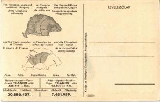 Trianon. Hátoldalon "Az ezeréves egységes Magyarország és a tiranoni béke szörnyszülöttje"...