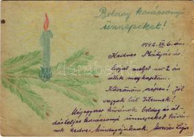 1942 Morovics Lajos honvéd saját kézzel rajzolt karácsonyi üdvözlete a második világháborúból. Tábori Postai Levelezőlap / WWII Hungarian military field post, hand-drawn Christmas greeting (kis szakadások / small tears)