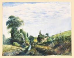 Varga Mátyás (1910-2002): Péceli táj, 1955. Akvarell, papír, jelezve jobbra lent, paszpartuban, 36×46 cm