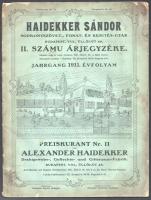 1911 Haidekker Sándor Sodronyszövet-, Fonat- és kerítés-Gyár. II. számú árjegyzéke. Bp., Stephaneum, 48 p. Gazdag képanyaggal illusztrált. Kiadói papírkötés, kissé sérült, foltos borítóval, foltos lapokkal.