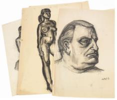 Varga Mátyás (-), össz. 11 db mű: Női aktok, portrék, 1966 körül. Szén, papír, 3 db jelzett, klf. mé...