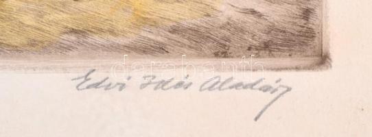 Edvi Illés Aladár (1870 - 1958): Delelő ökrök, színezett rézkarc, karton, jelzett, 19×30 cm