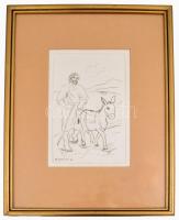 Borsos Miklós (1906-1990): Pásztor. Rézkarc, papír, jelzett a dúcon. Üvegezett, sérült fakeretben, 2...