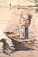 Szőnyi István (1894-1960): Várakozás, színezett rézkarc, papír, jelzett, üvegezett fakeretben, 23×30...