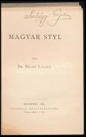 Dr. Réthy László: Magyar styl. Bp., 1885, Akadémiai Könyvkereskedés (Knoll Károly és Ta.), 3 sztl. lev.+ 52 p. Első kiadás. Sérült papírkötésben, szétváló fűzéssel, néhány foltos lappal, a könyvtesttől különvált borítóval. Az címlapon Szilágyi Gyula névbejegyzéssel.