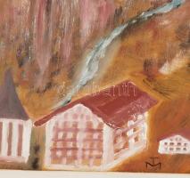 TM jelzéssel: Hegyvidéki táj. Olaj, farost. Fakeretben. 33,5x47 cm