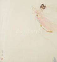 Olvashatatlan jelzéssel, távol-keleti alkotó: Fuvolázó tündér. Vegyes technika, selyem. Üvegezett fa...