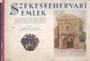 Márton Jakab: Székesfehérvári emlék. Az őskoronázó város rövid történetével, 20 színes képpel és magyarázó szöveggel kiadja Márton Jakab. Székesfehérvár, [1930]. Szerző (Hornyánszky Viktor Rt., Budapest). 16 t. (hátoldalán feliratozott, színes). A Lotz Károlynél és Münchenben tanult Márton Jakab (1870-1945) festő, grafikus, székesfehérvári főreáliskolai rajztanár által írt és rajzolt album 15 színes táblán mutatja be Székesfehérvár belvárosának látványosságait. A színes akverellek többségén feltűnnek a modern városi élet jelenetei, szereplői és találmányai: hirdetőoszlopok, automobilok, oldalkocsis motorok és kerékpárok, ló vontatta fogatok, bámészkodók, járókelők, apácák és temetőbe siető párok, utcaseprők és rendőrök, haza igyekvő cselédek. Az egyes akvarellek: Városház-kapu - Zichy-ház kapu - Püspöki palota és Püspök-kút - Megyeház utca - Megyeház - Szent István utca - A Szent István-templom belseje - Károly király tér - Ferenc József tér - Szent Anna-kápolna - A Szentháromság-temető kápolnája - Szögyény Marich utca - Szent Imre utca - Kossuth utca - A Szemináriumi (Szent József)-templom belseje - Bazilika tér - Magyar Királyi Állami Ybl Miklós Reáliskola és Hősi szobor Bory Jenőtől - Hunyadi Mátyás Felsőkereskedelmi Iskola és Hősi szobor Bory Jenőtől - Magyar Királyi 2. Honvéd Vegyesdandár-Parancsnokság és állami polgári iskola - Szentháromság-szobor és enyingi Wertheim-ház. A kiadvány első nyomtatott oldalán a város rövid története, valamennyi színes táblával szemközt képmagyarázat, német, francia, angol és olasz címváltozatokkal. Fűzve, színes, illusztrált, enyhén foltos kiadói borítóban. Jó példány.