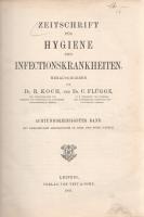 Koch, R[obert] - Flügge, C[arl] (herausg.): Zeitschrift für Hygiene und Infectionskrankheiten. Herausgegeben von R. Koch und C. Flügge. Achtunddreissigster Band. Mit zahlreichen Abbildungen im Text und sechs Tafeln. [Lipcse] Leipzig, 1901. Verlag von Veit und Comp (Druck von Metzger und Wittig). [4] + 499 + [1] p. + 6 t. (hártyapapírral védett táblák, 2 kihajtható, ebből egy színes). Robert Koch (1843-1910) német mikrobiológus és Carl Georg Flügge (1847-1923) bakteriológus együtt szerkesztették a nemzetközi hírű orvosi folyóiratot, a tuberkulózis, a kolera elleni védekezésben kulcsszerepet játszó ,,Zeitschrift für Hygiene und Infectionskrankheiten&quot; című szaklapot. Az alapos bibliográfiával záruló tanulmányokból álló kötetet oldalszámozáson belül számos táblázat és néhány szövegközti ábra kíséri. Néhány oldalon aláhúzások, szövegkiemelések, a címoldalon apró, halvány foltosság. Aranyozott, álbordázott, kissé hiányos gerincű, enyhén sérült korabeli félbőr kötésben, márványmintás festésű lapszélekkel.