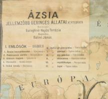 1926 Ázsia jellemzőbb gerinces állatai, tervezte: Baloghné Hajós Terézia, rajzolta: Bálint János. Te...