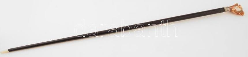 Antik monogramos sétabot, feketére pácolt fa korall fejjel, h: 95 cm