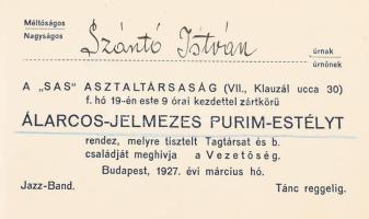1927 Meghívó álarcos, jelmezes purim-estélyre