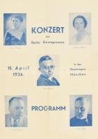 1936 Konzert des Basler Gesangvereins in der Staatsoper München, német koncertműsor-prospektus, a fellépők között Durigo Ilona világhírű magyar énekesnő. Hajtva, minimális sérülésekkel, 2 sztl. lev.