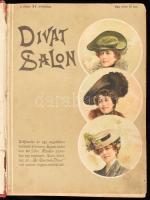 1901-1902 Divat Salon. XV. évf. 1., 3., 5., 7., 9-14.,17-18, 20-23 számok. Rendkívül gazdag képanyaggal illusztrált, közte rengeteg divat illusztrációval, valamint az illusztrációk között szecessziós illusztrációkkal is. Bekötött színes illusztrált borítókkal. Gazdag korabeli reklámanyaggal. Átkötött félvászon-kötés, kopott borítóval, sérült, hiányzó gerinccel, a hátsó tábla elvált a testtől, a kötése sérült, laza, kissé foltos, kissé szakadt lapokkal, de közte sérültek is, egy lap sérült, hiányos.