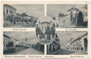 1942 Csíkszereda, Miercurea Ciuc; Kossuth Lajos utca, Országzászló, Főgimnázium, Kir. Törvényszék, Apaffi Mihály utca, üzletek / street view, Hungarian flag, grammar school, court, shops (EK)