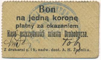 Lengyelország / Drohobycza Takarékpénztár ~1914. 1K bélyegzéssel T:VF Poland / Drohobycza Savings Bank 1914. 1 Korun with overprint C:VF