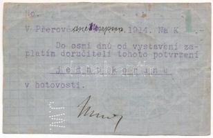 Csehország (történelmi tartomány) / Prerov 1914. 1K bizonylat bélyegéssel, &quot;J.W.&quot; perforációval T:VF Bohemia / Prerov 1914. 1 Korun receipt, with &quot;J.W.&quot; perforation C:VF