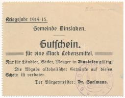 Német Birodalom / Dinslaken 1915. 1M élelmiszerjegy bélyegzéssel T:F German Empire / Dinslaken 1915. 1 Mark food ticket with overprint C:F