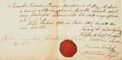 1850 Pest város kapitányi hivatalában haláleset ügyében tett vallomásról készült vallomás kézzel írt...