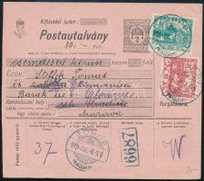 Posta Ceskoslovenska 1919 Magyar nyelvű postautalvány 2 db csehszlovák bélyeggel és ZOHOR túlélő bélyegzéssel
