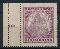 1921 Koronás Madonna 500K ívszéli bélyeg pici bal oldali, ívszéli összegzési számos üres mezővel