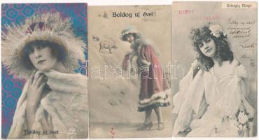 3 db RÉGI újévi üdvözlő képeslap vegyes minőségben / 3 pre-1945 greeting postcards in mixed quality: New Year