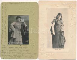 Jászai Mari - 2 db régi hosszú címzéses dombornyomott színésznős képeslap