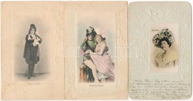 6 db régi hosszú címzéses dombornyomott magyar színésznős képeslap: Fedák Sári, Petrás Sári, Z. Bárd...