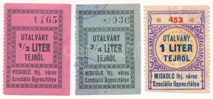 Miskolc ~1945. Utalvány 1/2, 3/4 és 1 liter tejről, bélyegzésekkel T:AU