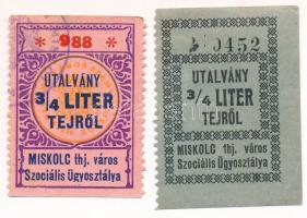 Miskolc ~1945. Utalvány 3/4 liter tejről (2xklf), bélyegzésekkel T:AU