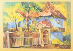 Portik Sándor (1959-): Napfényes utcarészlet. Pasztell, papír. Jelezve jobbra lent. 34x49 cm. Üvegez...