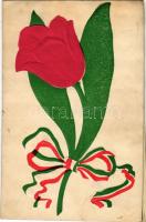 1906 Hazafias propaganda tulipánnal és magyar szalaggal / Hungarian patriotic propaganda, tulip with ribbon. Emb. with silk flower (kis szakadás / small tear)