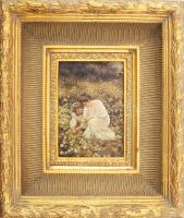 Dekoratív fa képkeret, virágszedők nyomattal, belső méret: 17,8x12,7 cm