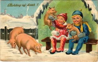 1938 Boldog Újévet / New Year greeting art postcard, children with pigs (EK)