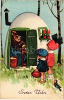 Sretan Uskrs / Easter greeting art postcard, rabbit painting eggs. L&amp;P 1976/III. (EK)