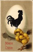 Fröhliche Ostern / Easter greeting art postcard, chicken, rooster and egg. Emb. litho (EK)