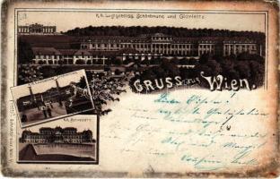 1899 (Vorläufer) Wien, Vienna, Bécs; K. k. Lustschloss Schönbrunn und Gloriette, K. k. Belvedere. Schneider & Lux Art Nouveau, floral, litho (worn corners)