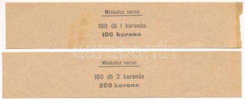 Miskolc ~1920. Kötegelő 100db 1 koronás és 100db 2 koronás szükségpénzhez, hajtatlanok