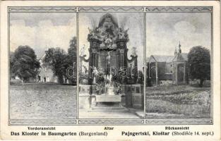 Sopronkertes, Pajngrt, Baumgarten; Das Kloster, Vorderansicht, Altar, Rückansicht / Kolostor, oltár, belső. Photograph Karl Gemeinböck / monastery, altar, interior (EK)
