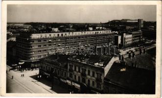 1941 Újvidék, Novi Sad; Látkép, Teokárovity Vlado és Társa, Nagy Győző, Cikta, Alcazar és fodrász üzlete, Szentháromság szobor / street view, shops, Holy Trinity statue (ragasztónyom / gluemark)