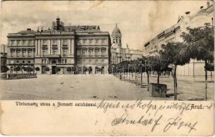 1906 Arad, Vörösmarty utca, Nemzeti színház, Vajda fogorvosi műterme, Színházi Verseny bazár, Limbeck János üzlete. Divald Károly 597. / street, theatre, shops (EK)