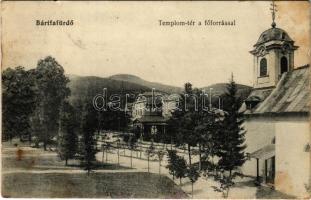 1914 Bártfafürdő, Bardejovské Kúpele, Bardiov, Bardejov; Templom tér a főforrással. Horovitz kiadása / spa, church, main spring source (EB)