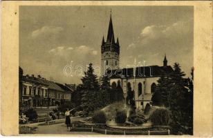 Eperjes, Presov; Park a r. k. kostol / Római katolikus templom, park, Herbst üzlete / Catholic church, park, shops (EK)