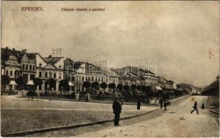 1914 Eperjes, Presov; Fő utca, park, üzletek. Divald Károly Fia kiadása / main street, park, shops (fl)