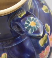 Zsolnay kancsó. cca 1880/90, magastüzű színes mázakkal festett porcelánfajansz. Jelzett: kékkel fest...